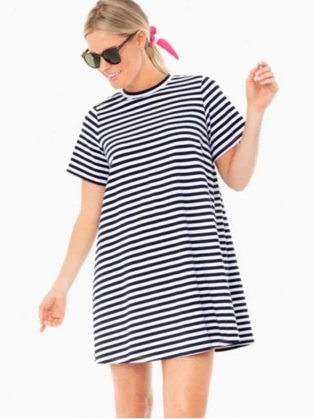 Tuckernuck Pomander Place Zoe White Navy Blue Stripe Mini T-Shirt Dress Small